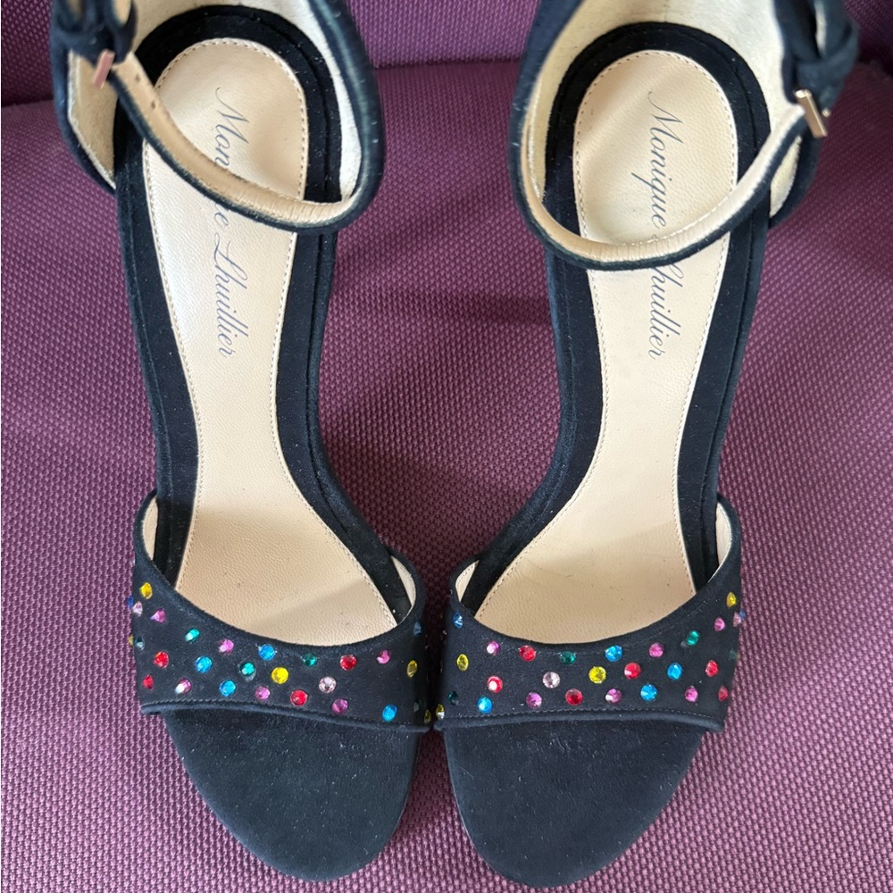 Monique Lhuillier Black Suede Ankle-Strap Heels with Multicolor Studs EU 36